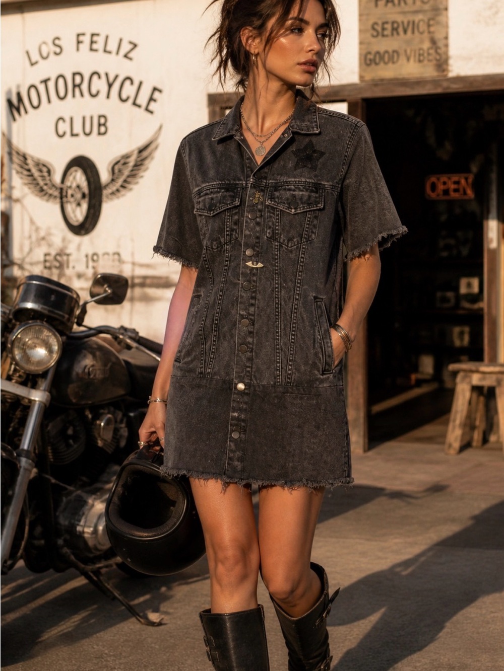 SANDRINE ROSE Womens L Faded Denim Dress Upcycled Vintage Death Valley Committee